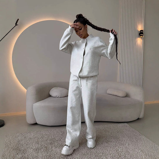 Damen Zweiteiliges Loungewear-Set mit Stehkragen, dekorativen Schmuckknöpfen und weitem Palazzo-Hosenbein EB