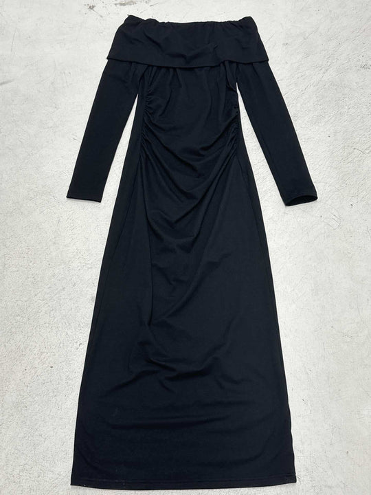 Damen nan figurbetontes Off-Shoulder-Maxikleid mit langen Ärmeln und Kontrastpaspeln EB