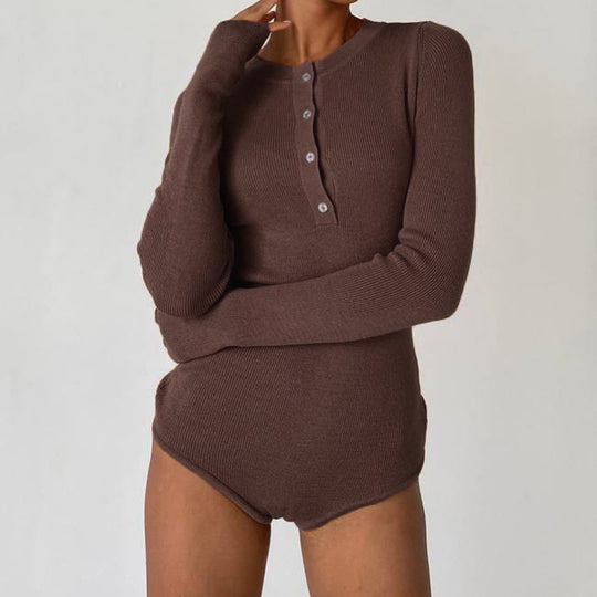 Damen Langarm-Bodysuit mit Knopfleiste und Rippstruktur EB