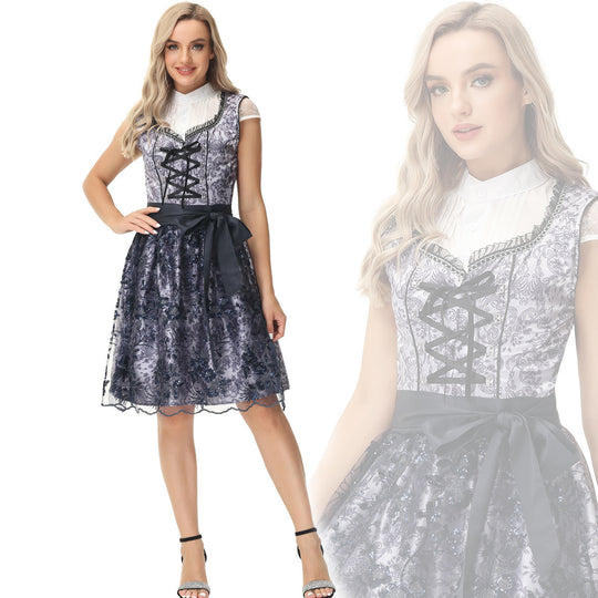 Damen nan elegantes Dirndlkleid mit geschnürter Miederfront und Spitzenüberrock EB