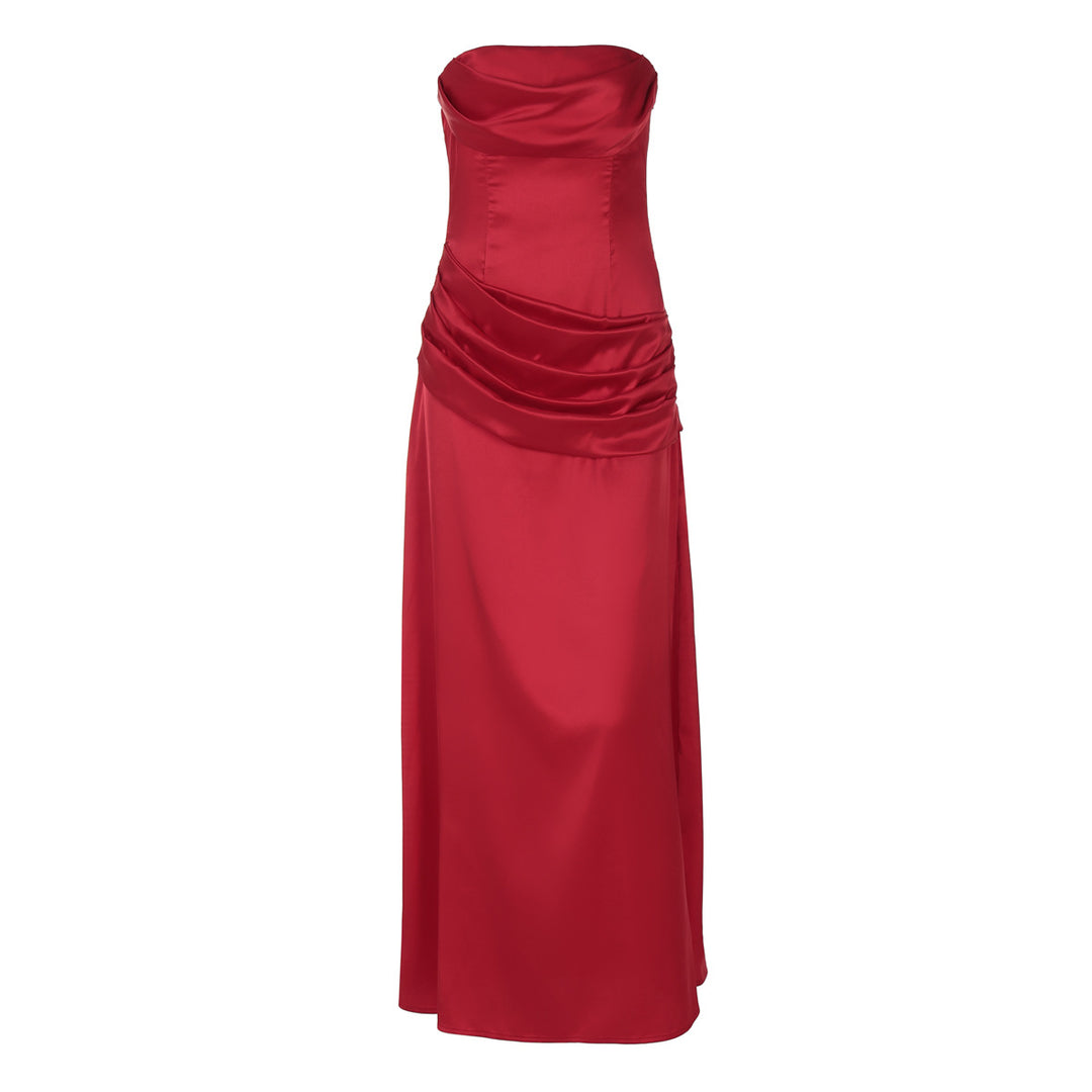 Damen elegantes Maxikleid mit raffiniertem Drapé und schulterfreiem Design EB