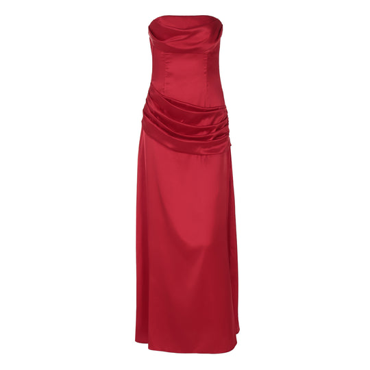 Damen elegantes Maxikleid mit raffiniertem Drapé und schulterfreiem Design EB