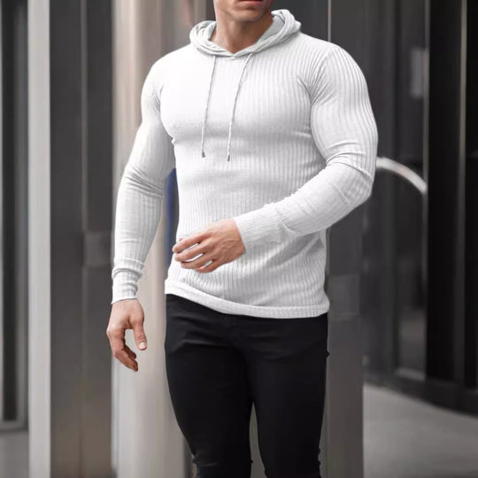 Herren nan eng anliegendes Rippstrick-Kapuzenlongsleeve mit Slim-Fit und Elastikanteil EB