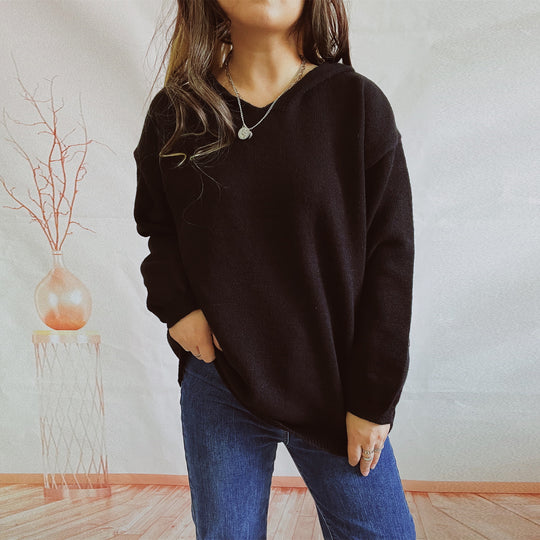 Damen lässiger Strickpullover mit Kapuze und weiten Ärmeln EB