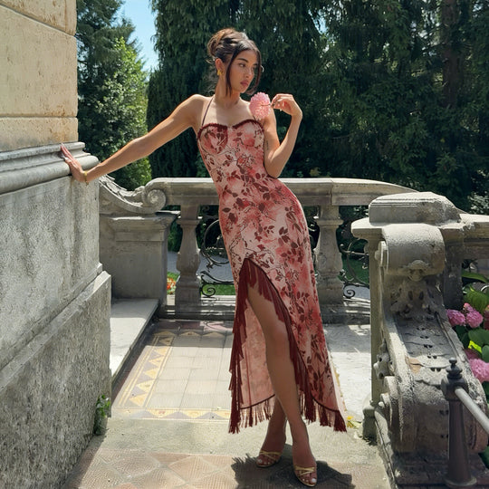 Damen asymmetrisches Floral-Maxikleid mit zartem Rüschensaum und verführerischem Schnitt EB