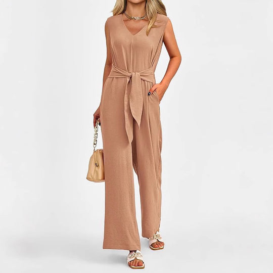 Damen Elegantes Jumpsuit mit V-Ausschnitt und tailliertem Bindegürtel EB
