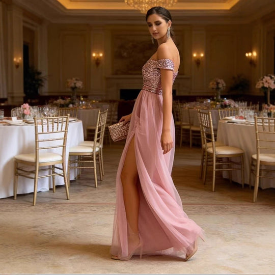 Damen Elegantes Abendkleid mit schulterfreiem Design und funkelnden Applikationen EB