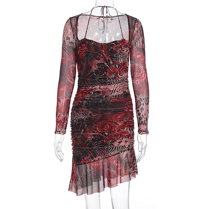 Damen figurbetontes Minimidi-Kleid mit transparentem Design und Blumenmuster EB
