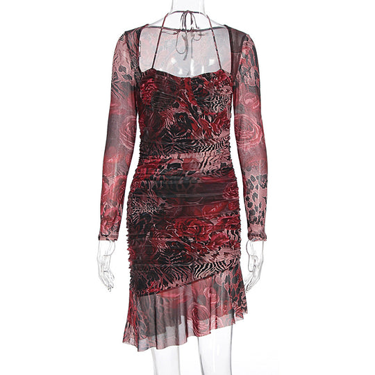 Damen figurbetontes Minimidi-Kleid mit transparentem Design und Blumenmuster EB