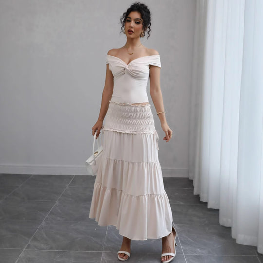 Damen Off-Shoulder Maxikleid mit gerafftem Rock und romantischem Design EB