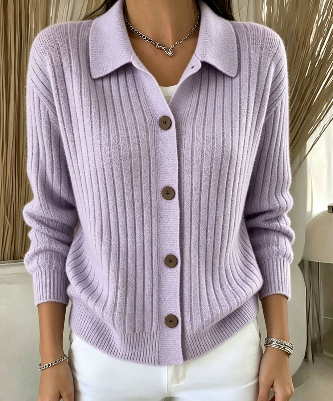 Damen Feiner gerippter Knopf‑Cardigan mit Hemdkragen und kastiger Silhouette EB