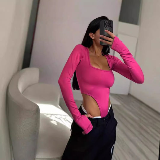 Damen Figurbetontes Bodysuit mit kreativen Cut-Out-Details und langen Ärmeln EB