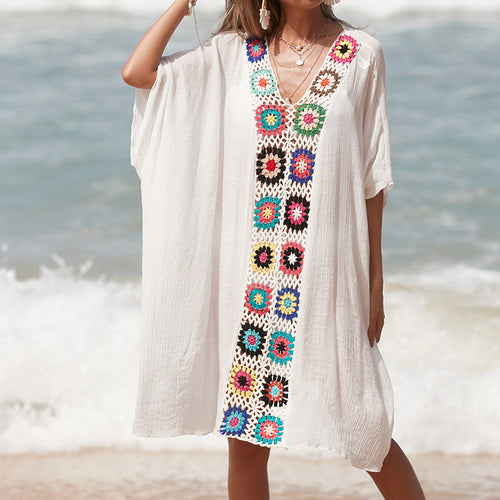 Damen Häkel-Strandtunika im lässigen Oversize-Stil mit bunten Applikationen EB