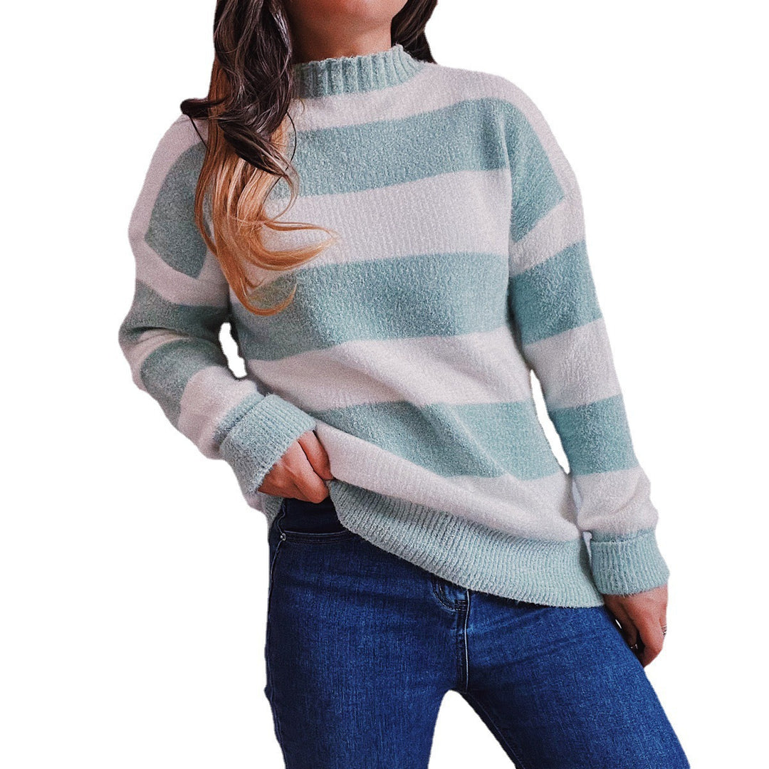 Damen Strickpullover mit modernen Blockstreifen und hohem Kragen EB