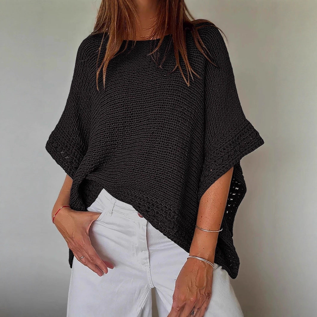 Damen Leichtes Oversize Strickponcho mit Häkelkante EB