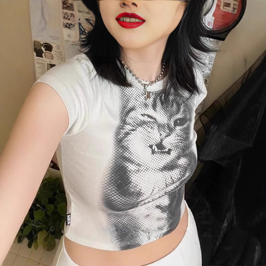 Damen Crop-T-Shirt mit kreativem Katzenmotiv EB