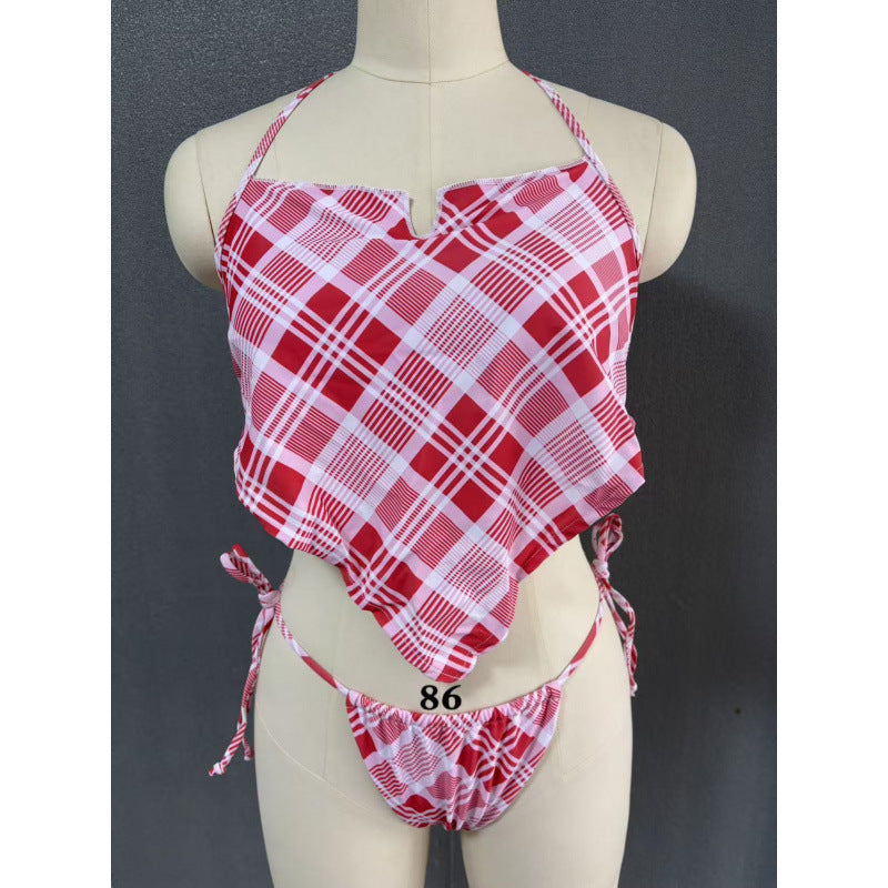 Damen Crop-Top Bikini mit asymmetrischem Schnitt und modischem Karomuster EB