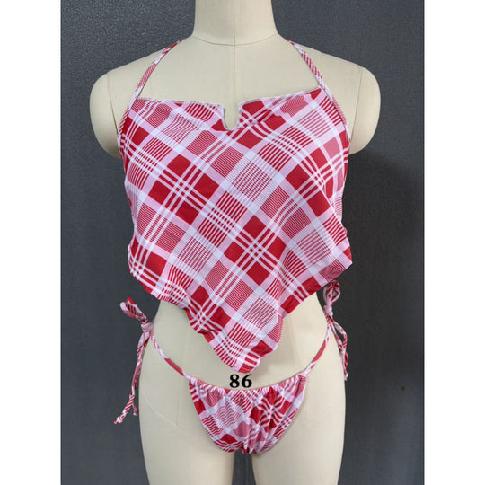 Damen Crop-Top Bikini mit asymmetrischem Schnitt und modischem Karomuster EB
