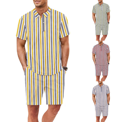Herren Set aus kurzärmeliger Bluse und Shorts mit gestreiftem Design Heidi-Mode
