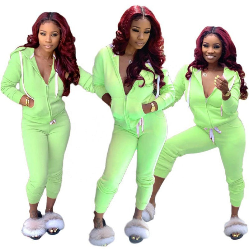 Damen tailliertes Kapuzen‑Sweatdress‑Set mit Reißverschluss und enganliegender Jogginghose EB