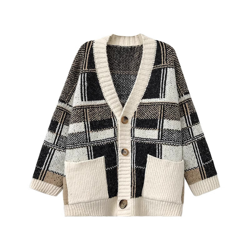Damen Modischer Oversized Cardigan mit Karomuster EB