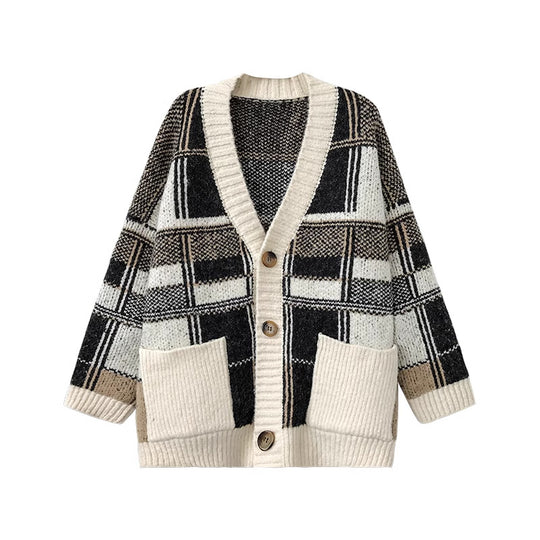 Damen Modischer Oversized Cardigan mit Karomuster EB