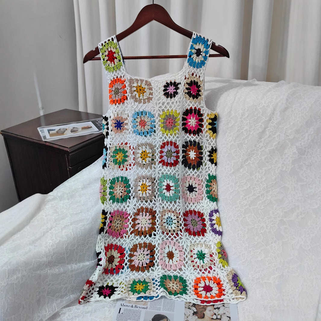 Damen luftiges Häkelkleid mit buntem Granny-Quadrat-Muster EB