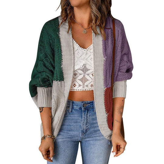 Damen Lockere Strickjacke mit modischem Farbblockdesign und tiefen Taschen EB