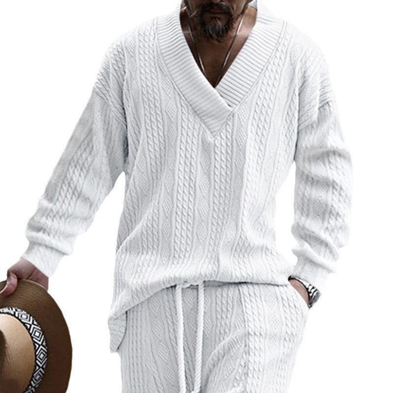 Herren Zopfstrick-Loungewear-Set mit tiefem V-Ausschnitt, Relaxed-Fit & Kordelhose EB