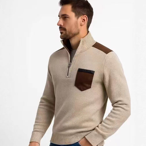 Herren Stehkragenpullover mit kontrastierenden Details und praktischen Taschen EB