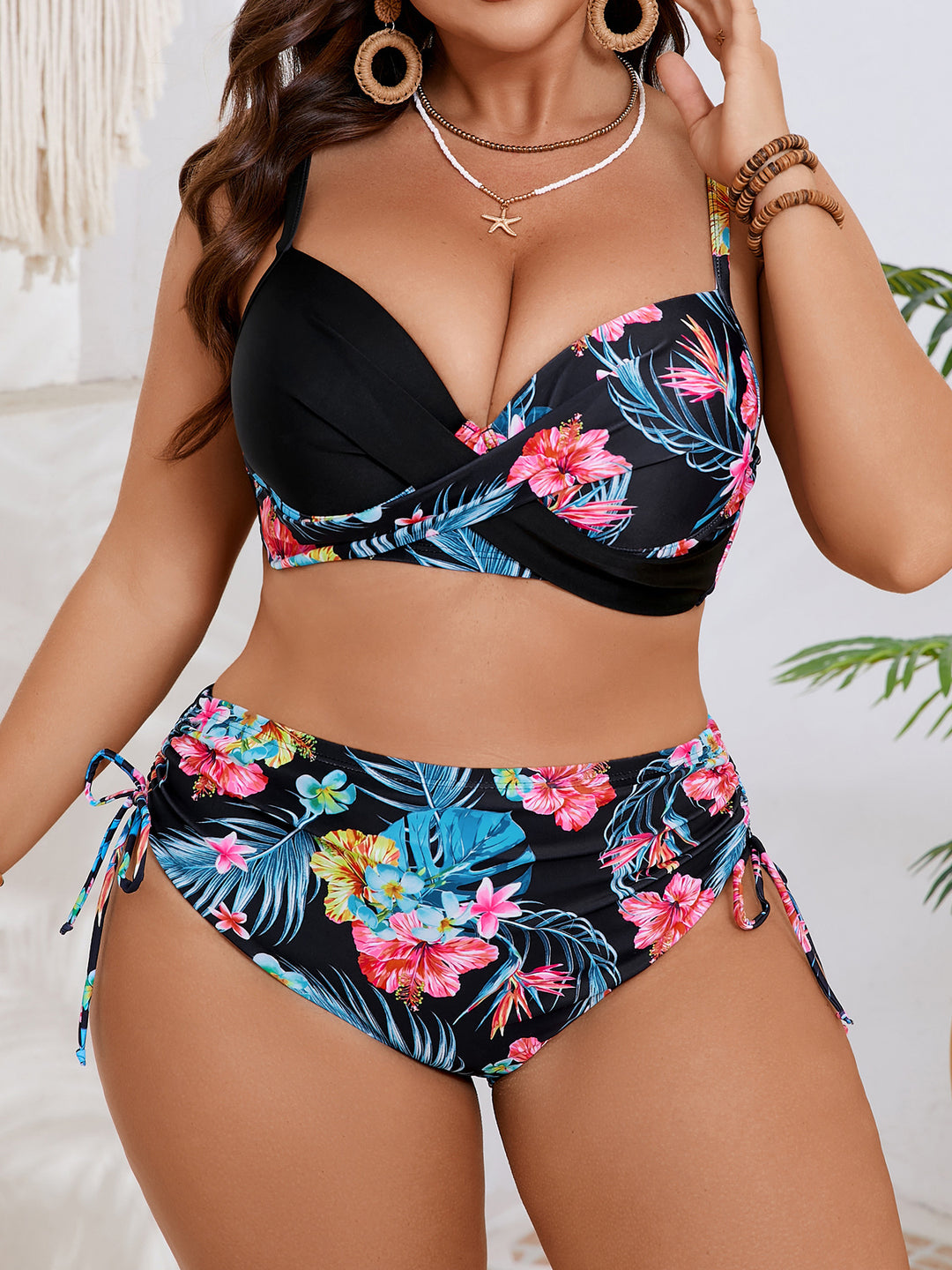 Damen Hochtailliertes Bikini-Set mit floralem Wickel-Top EB