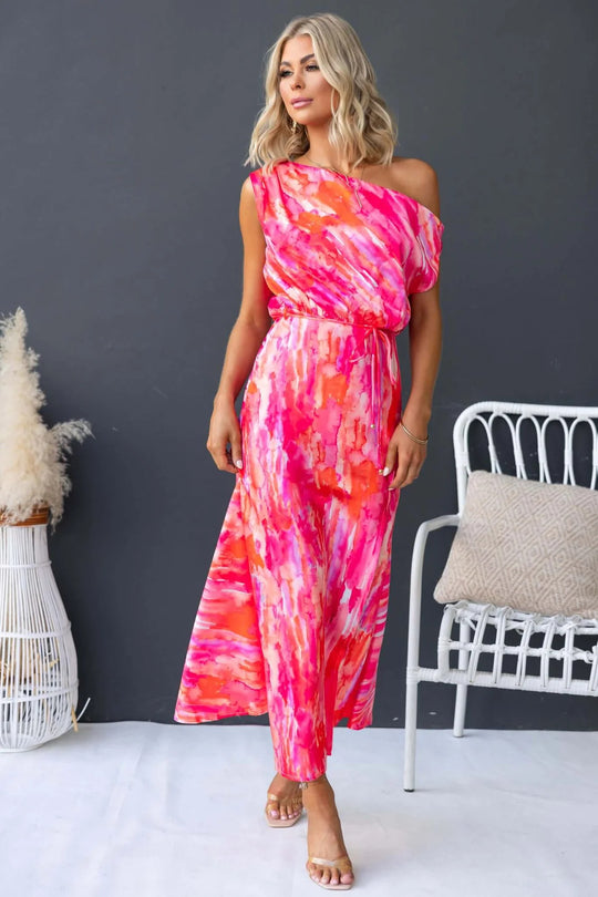 Damen Maxikleid mit asymmetrischem Design und fließendem Stoff EB