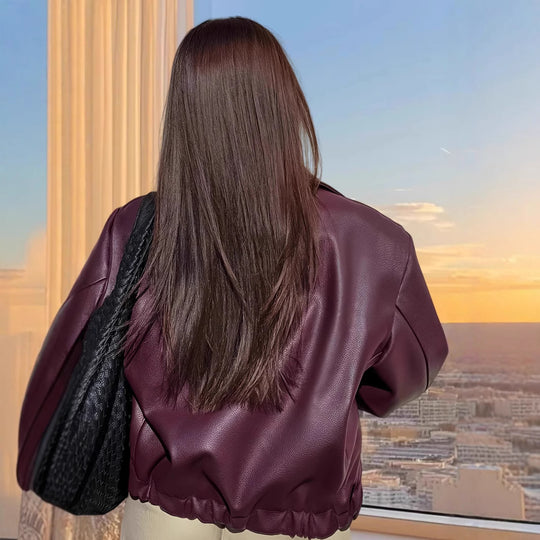 Damen moderne Bikerjacke mit glänzendem Kunstleder EB