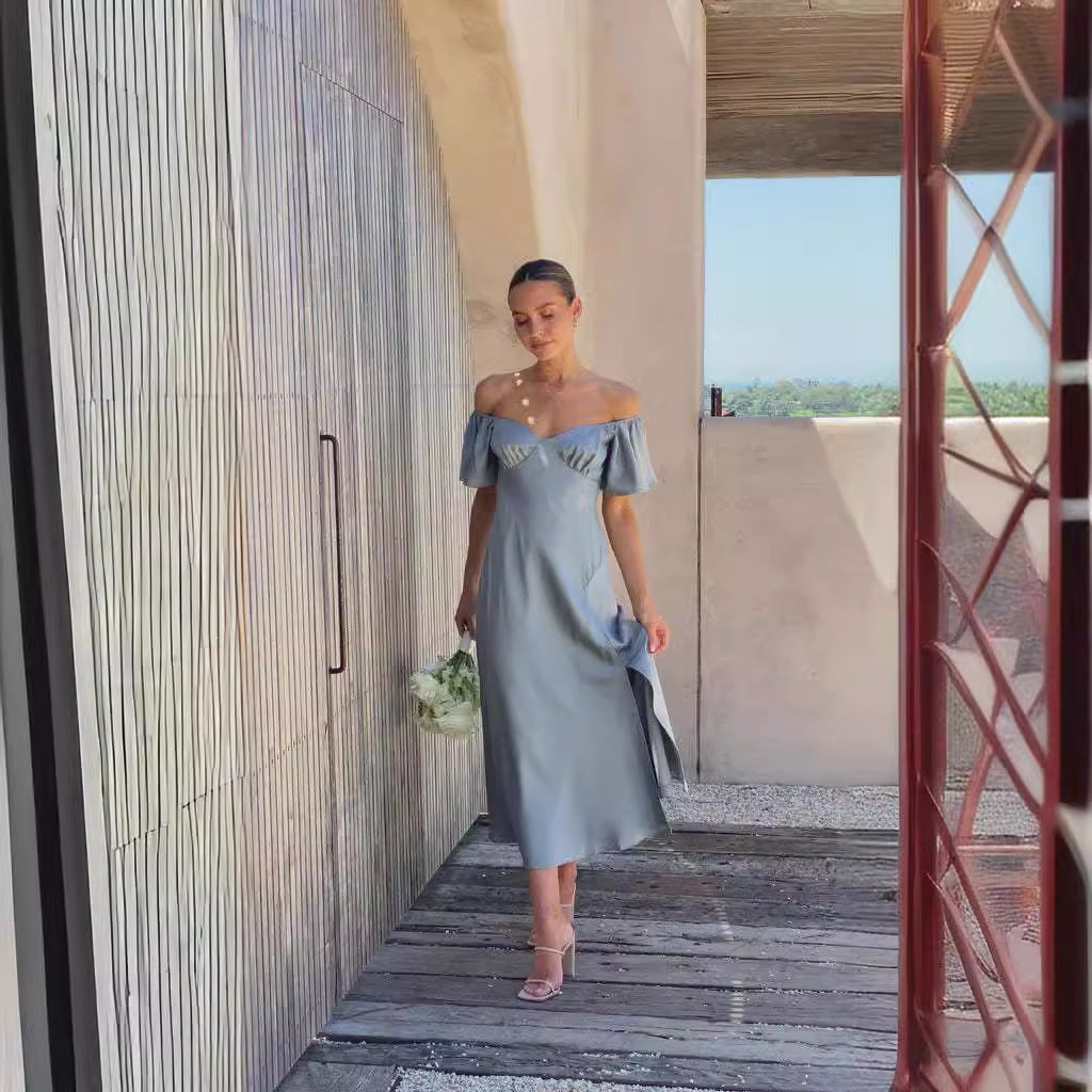 Damen elegantes Off-Shoulder Maxikleid mit seitlichem Schlitz und luftigen Rüschendetails EB