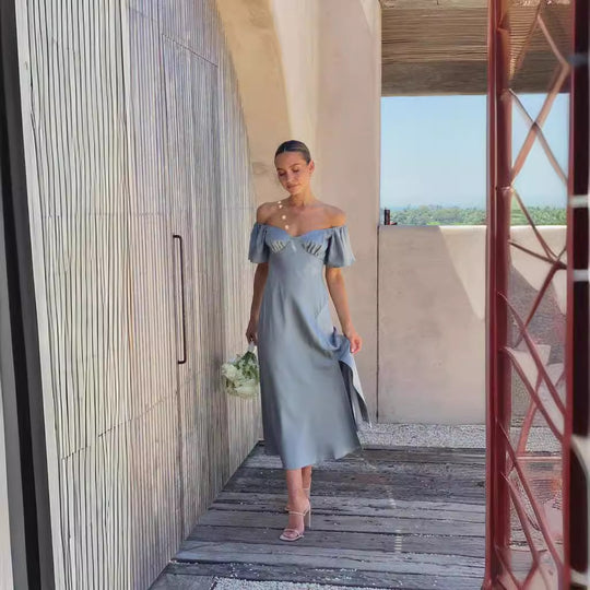 Damen elegantes Off-Shoulder Maxikleid mit seitlichem Schlitz und luftigen Rüschendetails EB