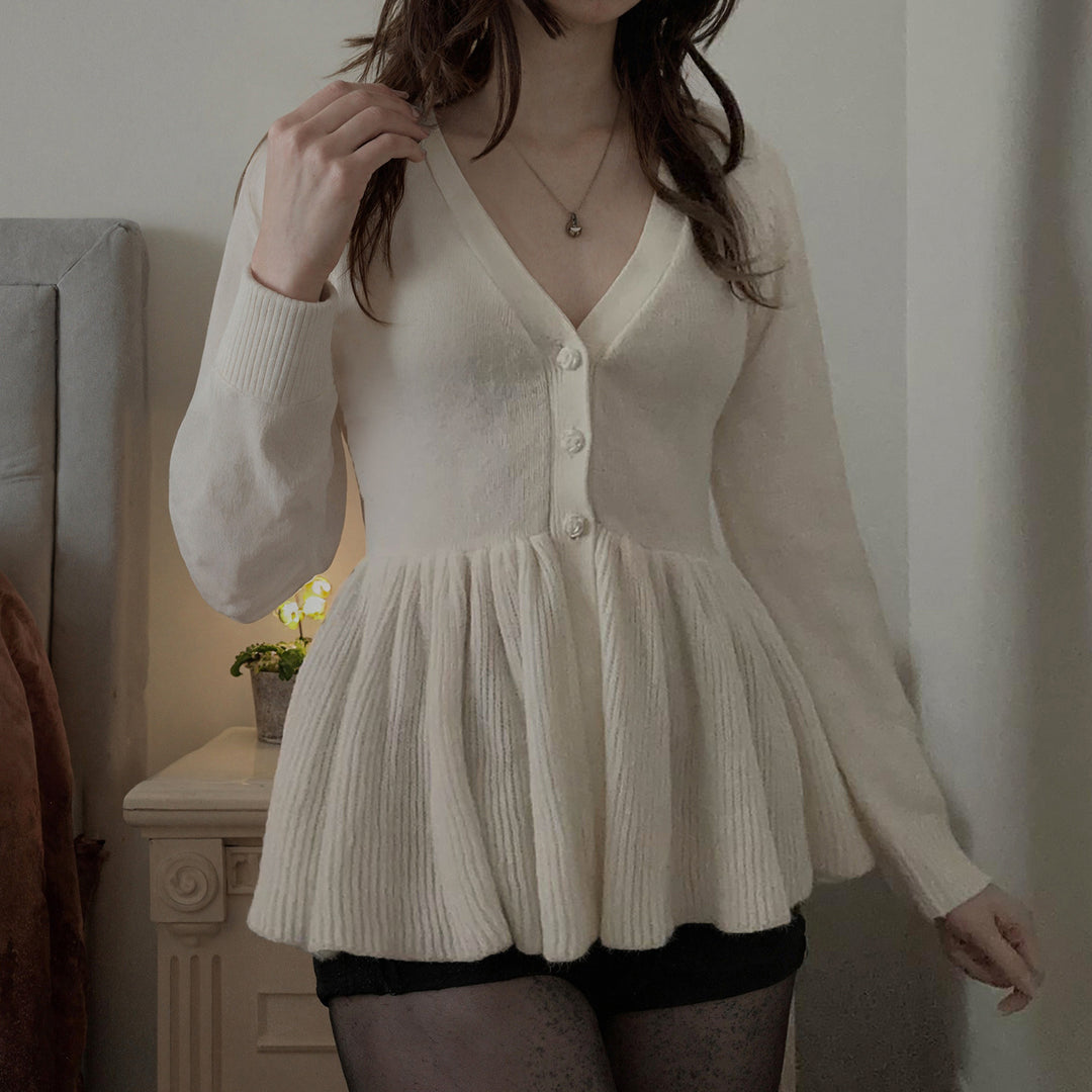 Damen nan geripptes Langarm-Top mit Empire-Taille, zierlicher Knopfleiste und Spitzenbesatz EB