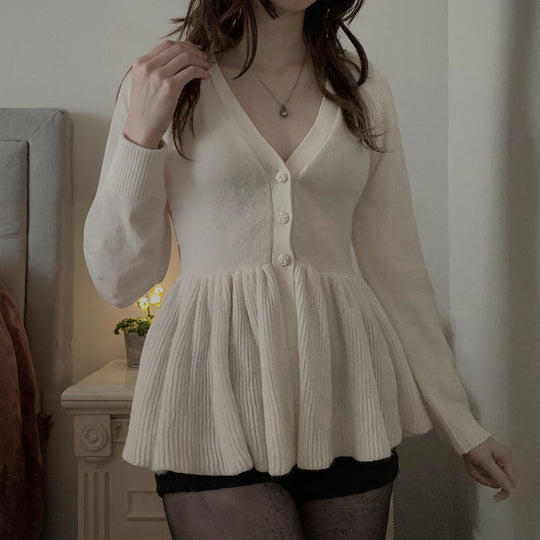 Damen nan geripptes Langarm-Top mit Empire-Taille, zierlicher Knopfleiste und Spitzenbesatz EB