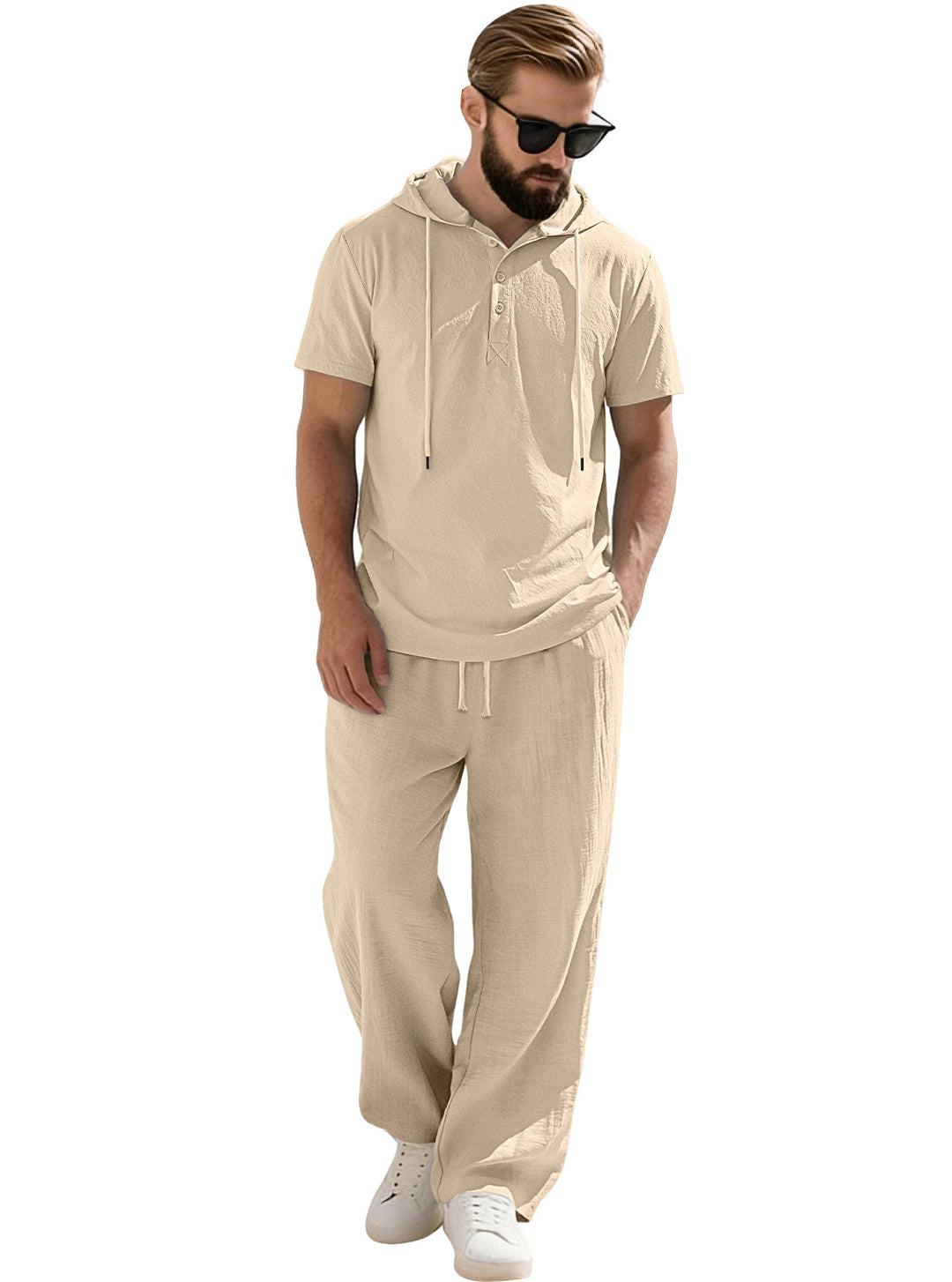 Herren nan lässiges Kurzarm-Kapuzenshirt im gekreppten Baumwollmix mit Henley-Knopfleiste EB