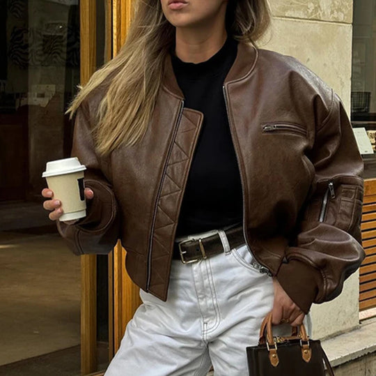Damen modische Kunstleder Bomberjacke EB