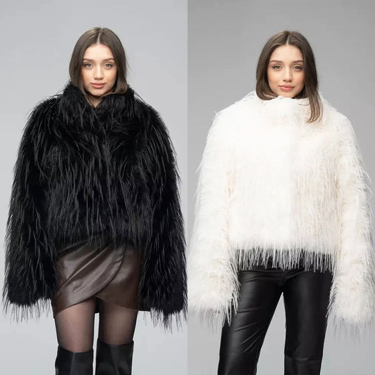 Damen Trendige Kunstfelljacke mit eleganten Fransen EB