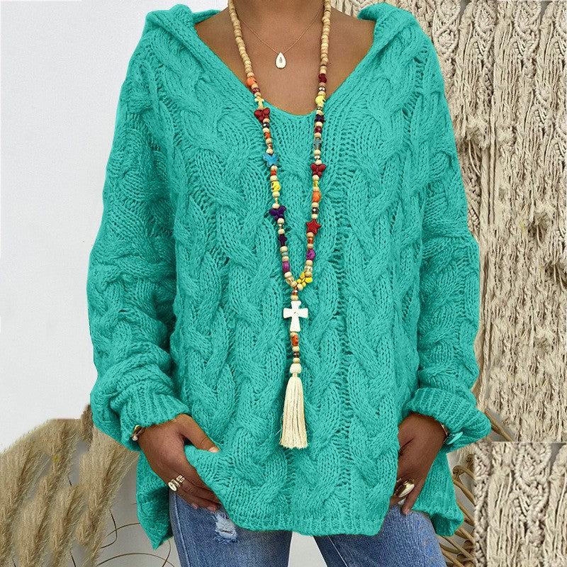 Damen nan oversized Kapuzenpullover mit Zopfmuster, tiefem V-Ausschnitt und seitlichen Schlitzen EB