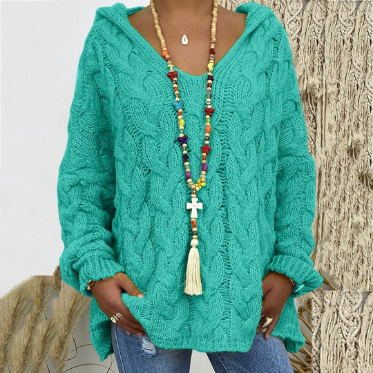 Damen nan oversized Kapuzenpullover mit Zopfmuster, tiefem V-Ausschnitt und seitlichen Schlitzen EB
