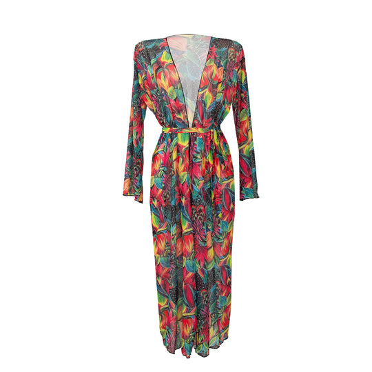 Damen Transparenter Strandkimono mit floralen Mustern EB