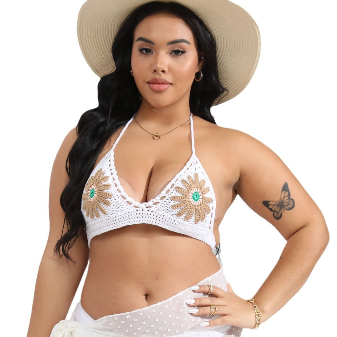 Damen gehäkelter Bikini-Oberteil mit floralen Applikationen EB