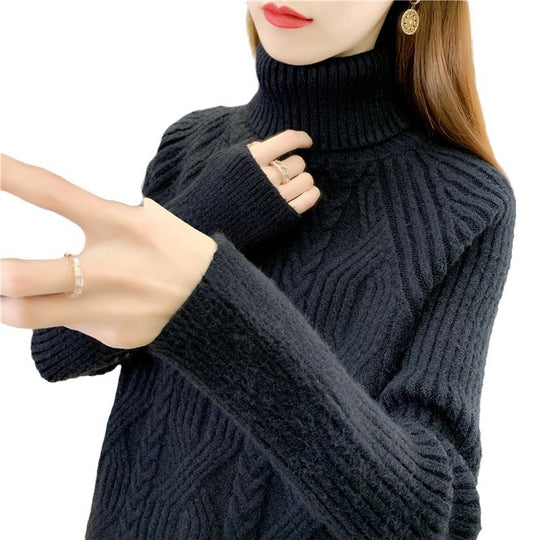Damen Strickpullover mit hohem Kragen und feinem Zopfmuster EB