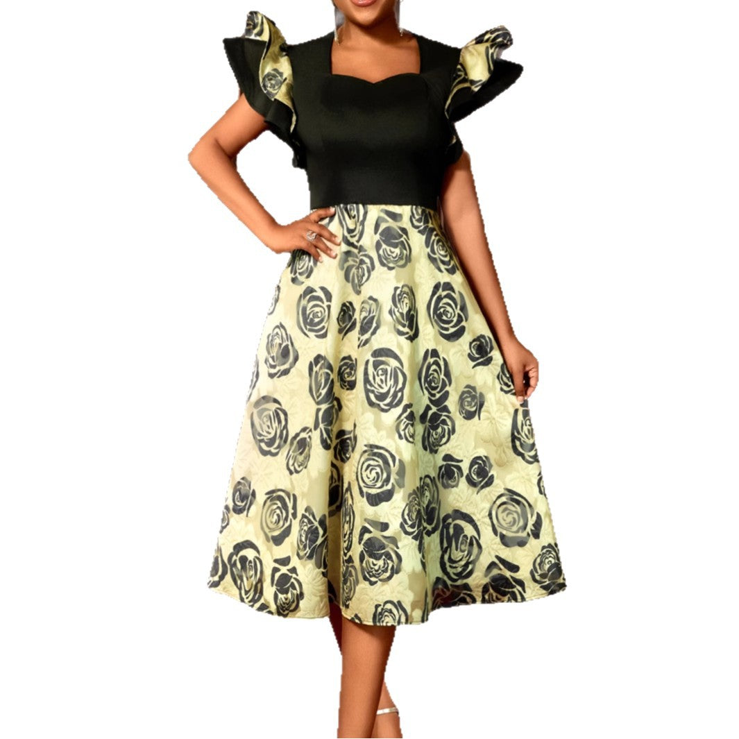 Damen Elegantes Blumenmuster Kleid mit Rüschärmeln EB