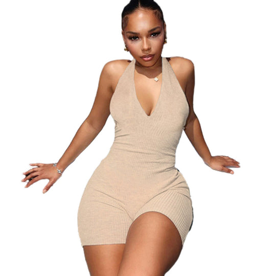 Damen Sportlicher Jumpsuit mit tiefem V-Ausschnitt und gerafftem Design EB