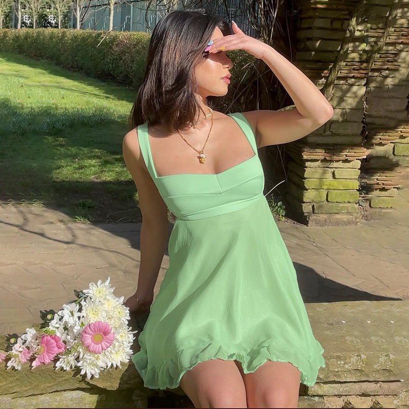 Damen luftiges Sommerkleid mit schwingendem Rock und Spaghettiträgern EB