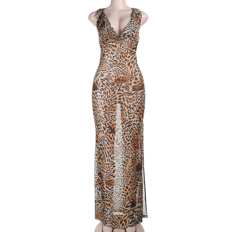 Damen Leopardenmuster Maxikleid EB