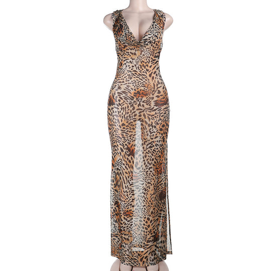 Damen Maxi-Kleid mit elegantem Cowl-Ausschnitt und tierischem Design EB